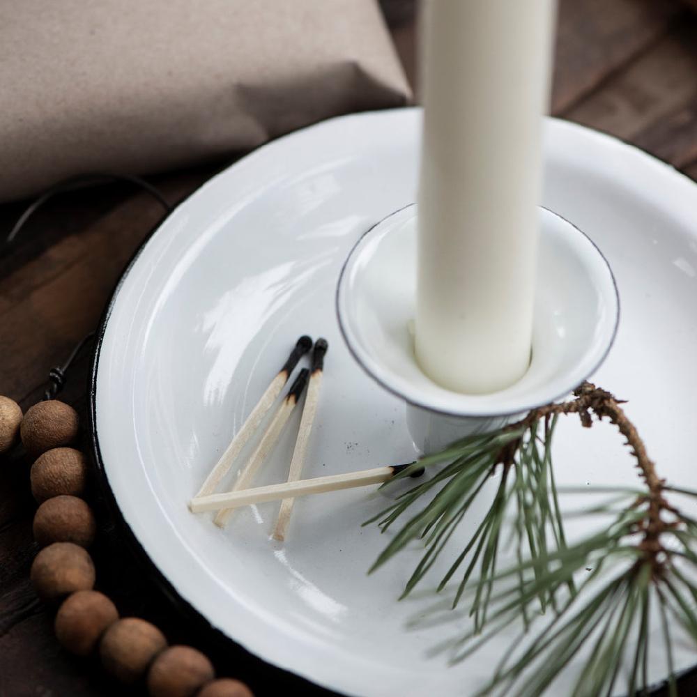 Greige White Enamel Chamberstick Candle-Holder
