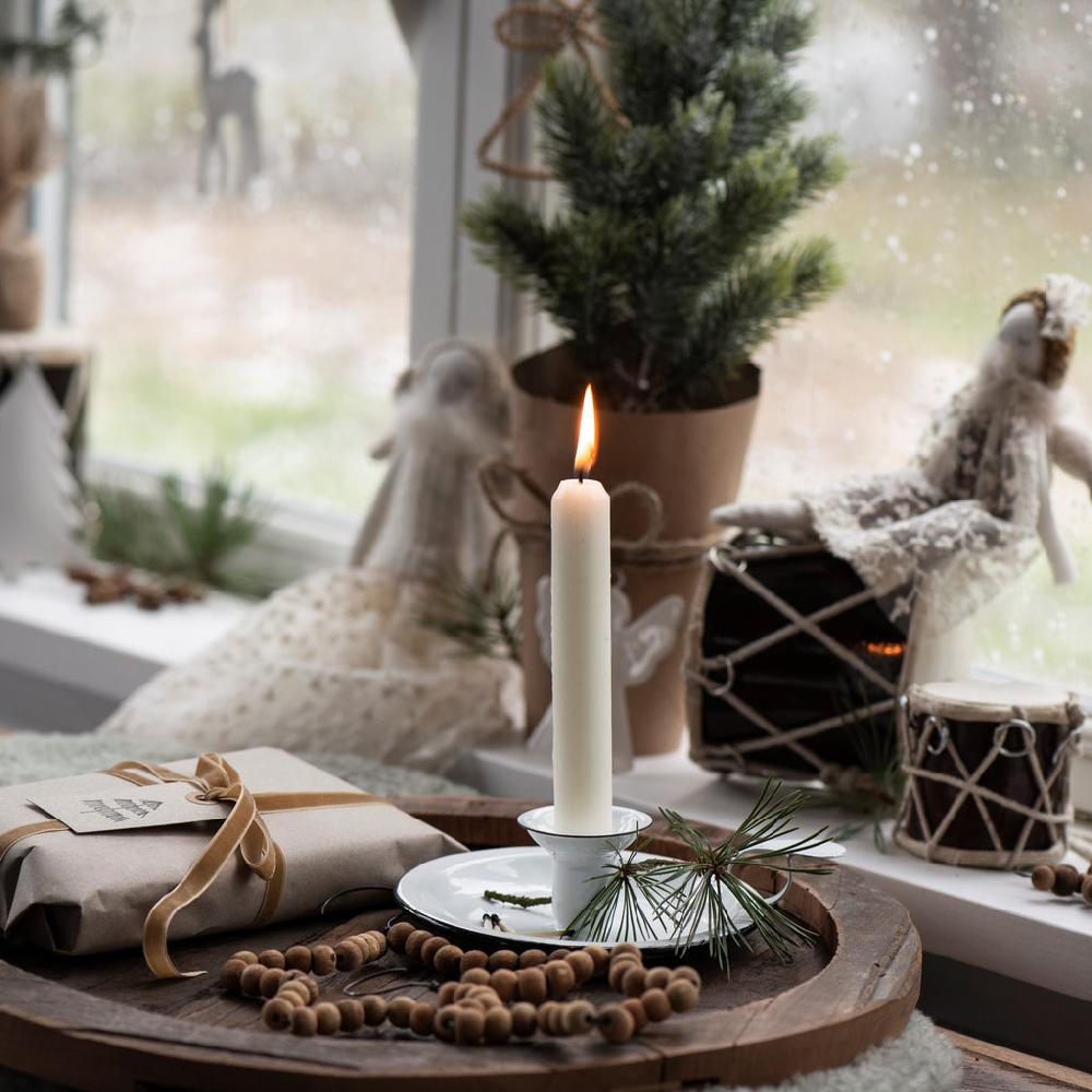 greige White Enamel Chamberstick Candle-Holder