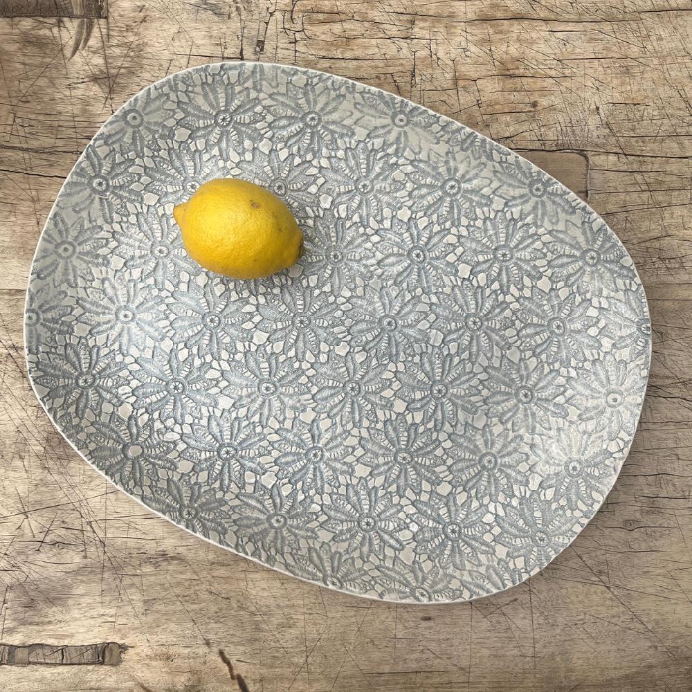 Greige Wonki Ware Large Meat Platter - Duck Egg Lace