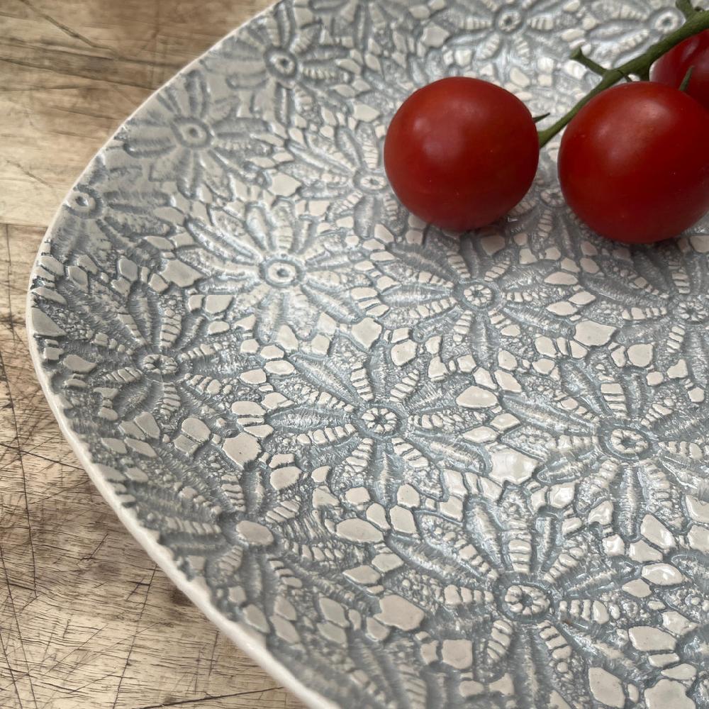 Greige Wonki Ware Large Meat Platter - Duck Egg Lace