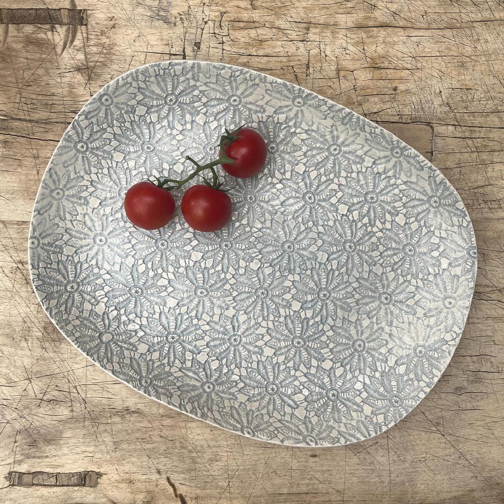 greige Wonki Ware Large Meat Platter - Duck Egg Lace