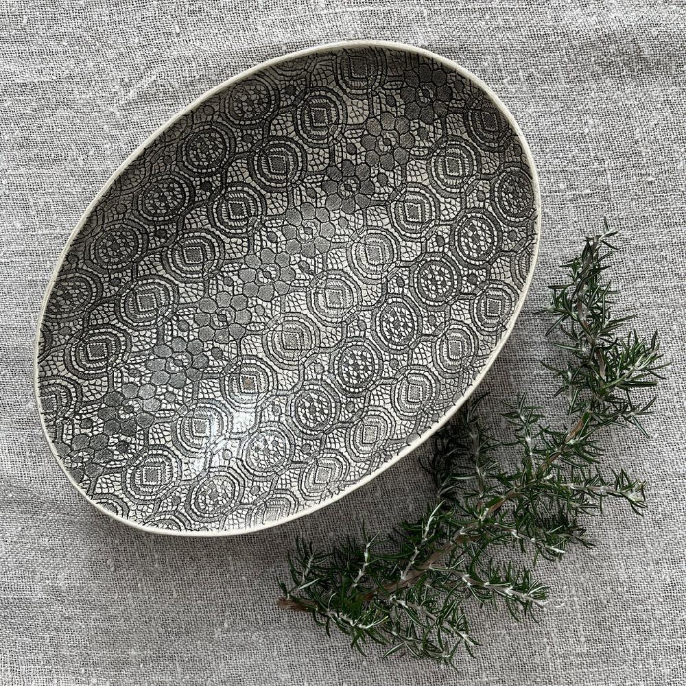 greige Wonki Ware Oval Bowl - Large - Charcoal Lace