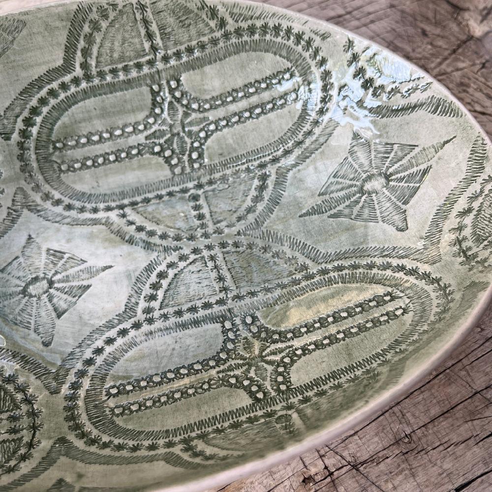 Greige Wonki Ware Oval Bowl - Medium - Dark Green Lace