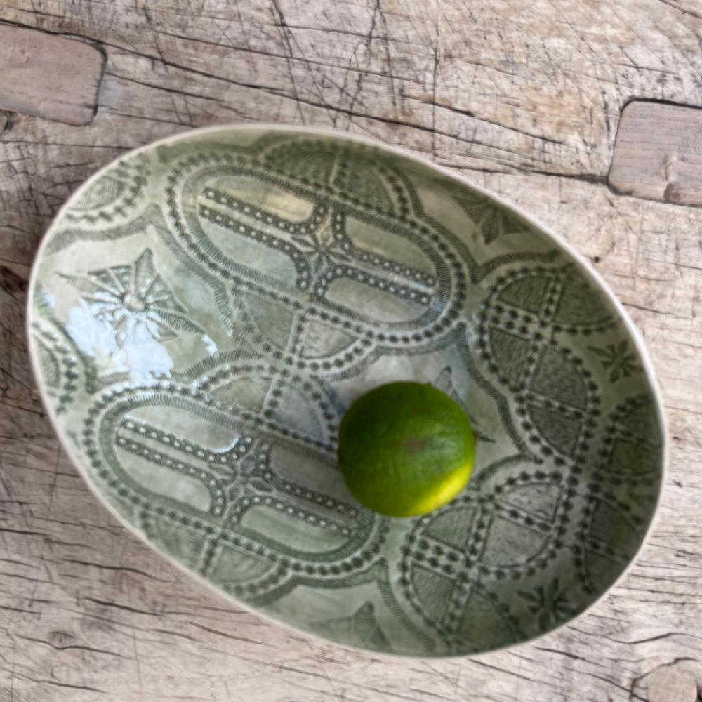 greige Wonki Ware Oval Bowl - Medium - Dark Green Lace