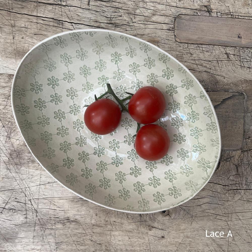 greige Wonki Ware Oval Bowl - Medium - Spearmint Lace