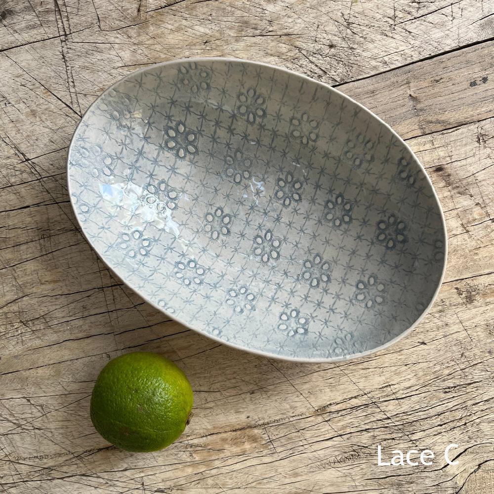 Greige Wonki Ware Oval Bowl - Small - Duck Egg Lace