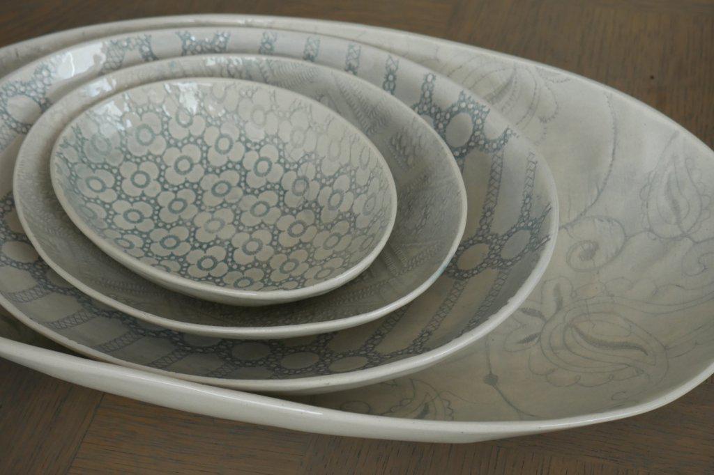 greige Wonki Ware Oval Bowl - Small - Duck Egg Lace