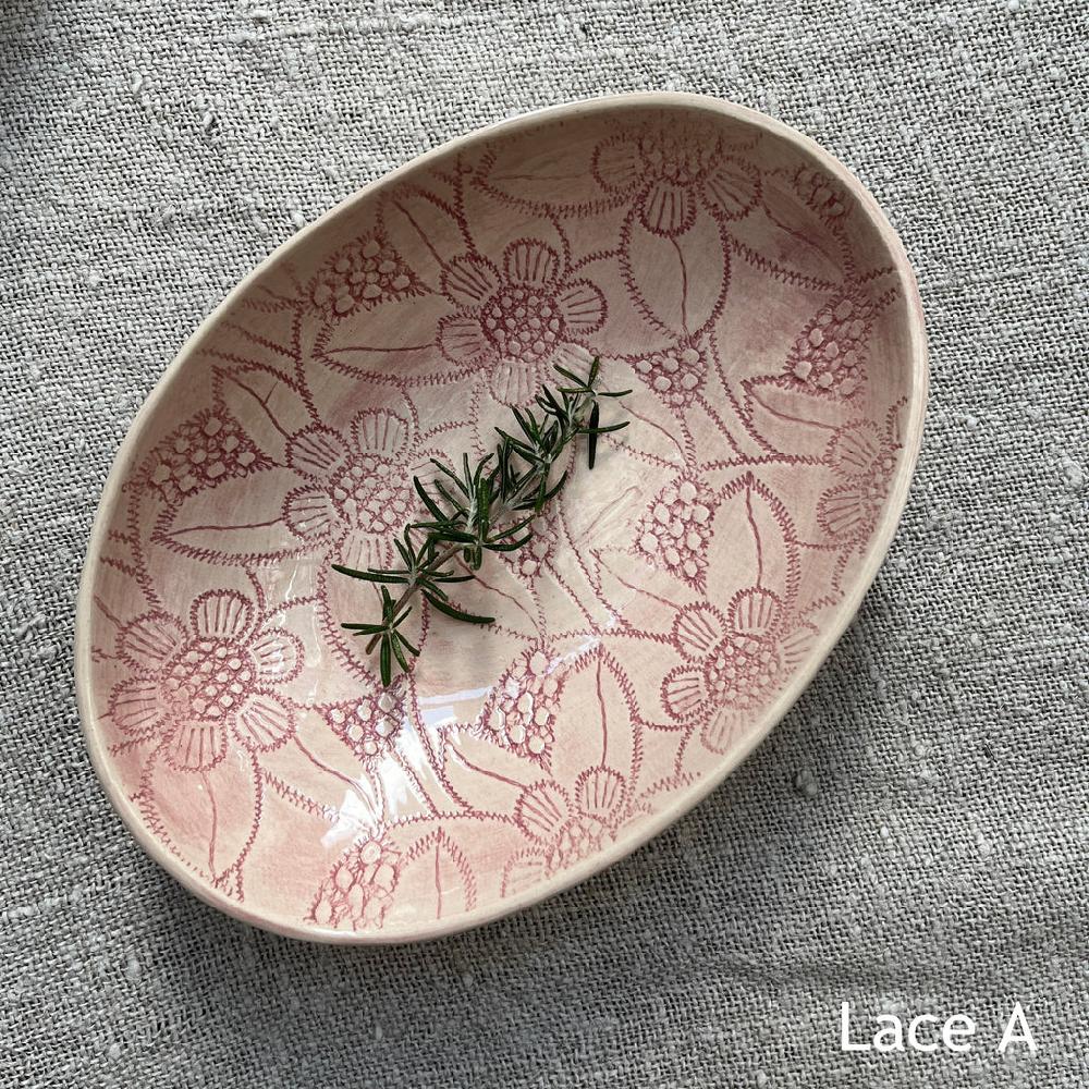 greige Wonki Ware Oval Bowl - Small - Pink Lace