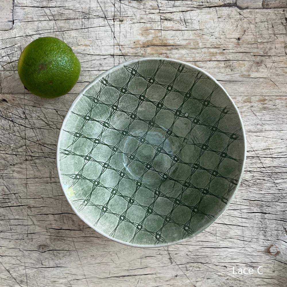 Greige Wonki Ware Pudding Bowl - Dark Green Lace