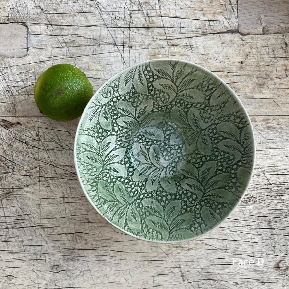 Greige Wonki Ware Pudding Bowl - Dark Green Lace