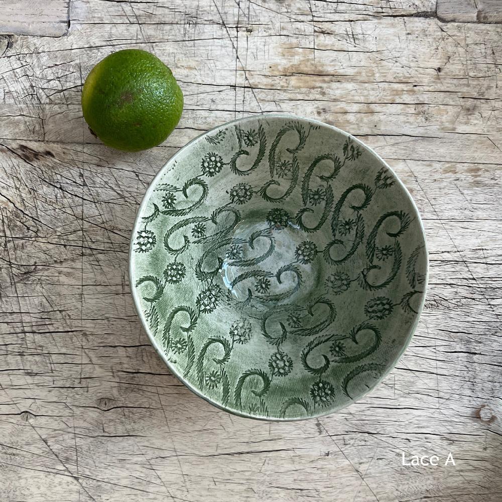 greige Wonki Ware Pudding Bowl - Dark Green Lace