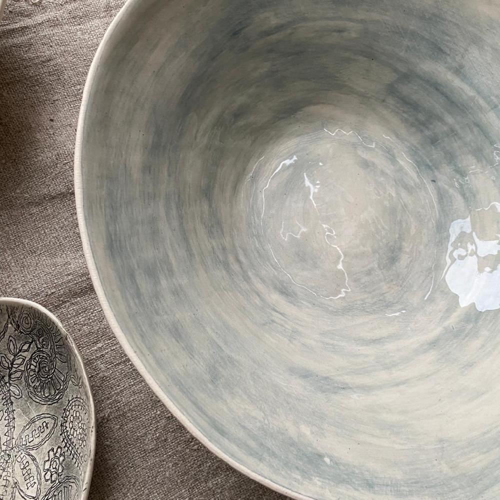 Greige Wonki Ware Salad Bowl - Large - Duck Egg Wash