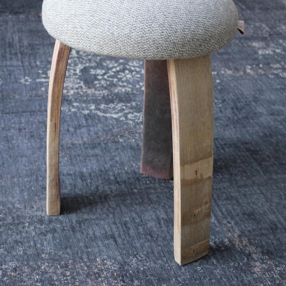 Greige Wool Stool With Oak Wine Barrel Stave Legs