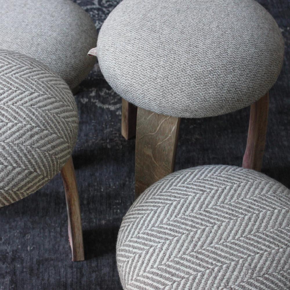 greige Wool Stool with Oak Wine Barrel Stave Legs