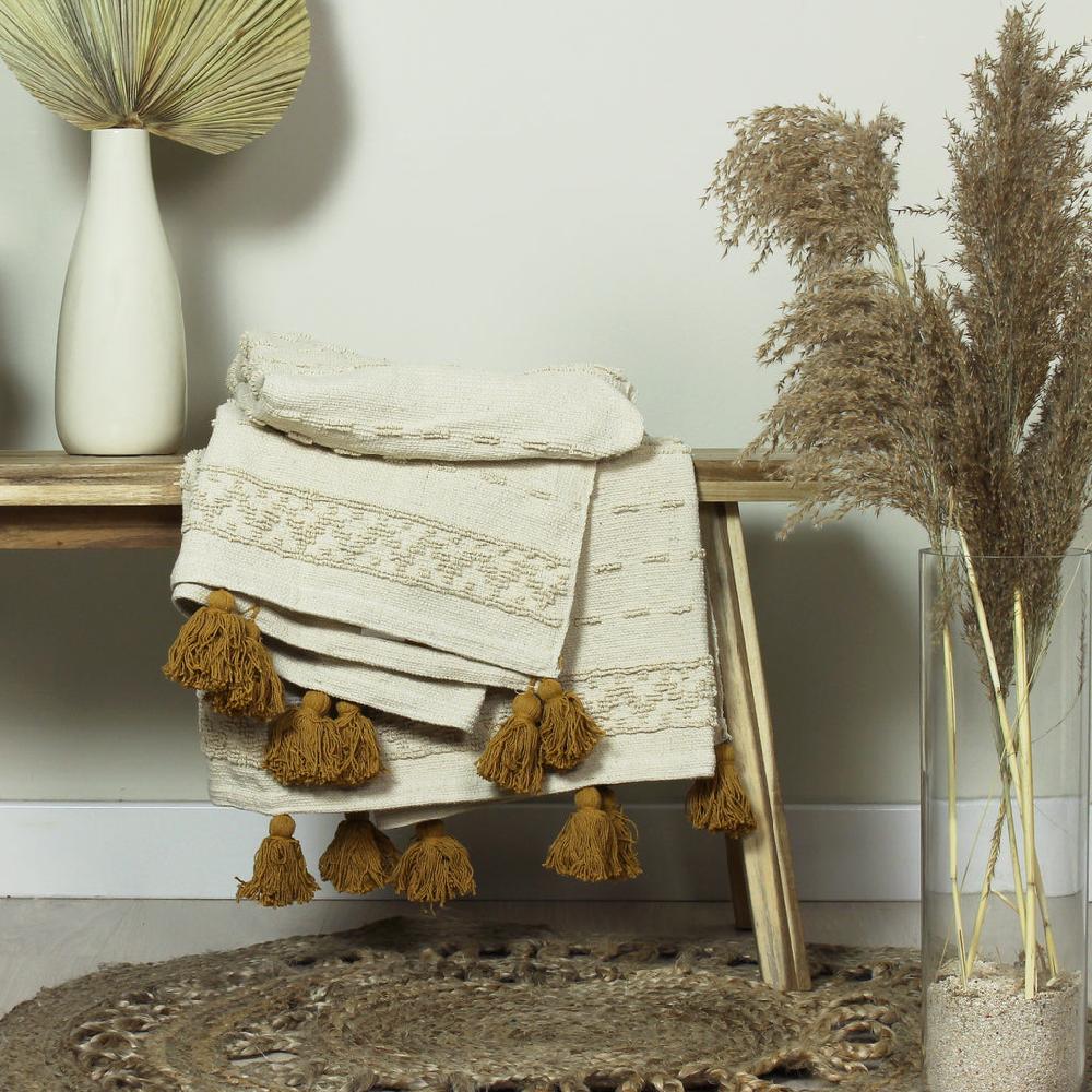 greige Woven Cotton Throw with Ochre Tassels