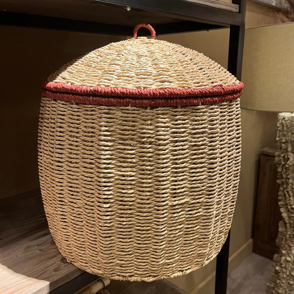 Greige Woven Paper Rope Lidded Basket