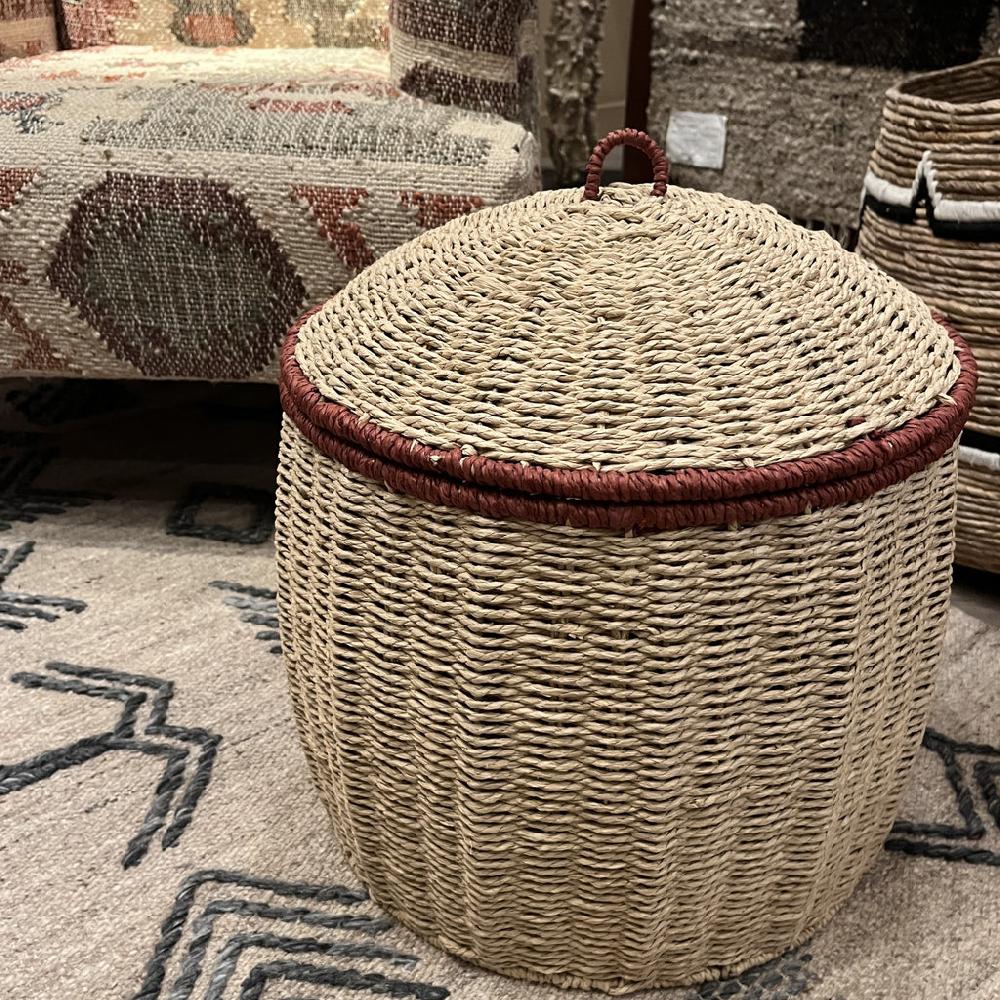 greige Woven Paper Rope Lidded Basket
