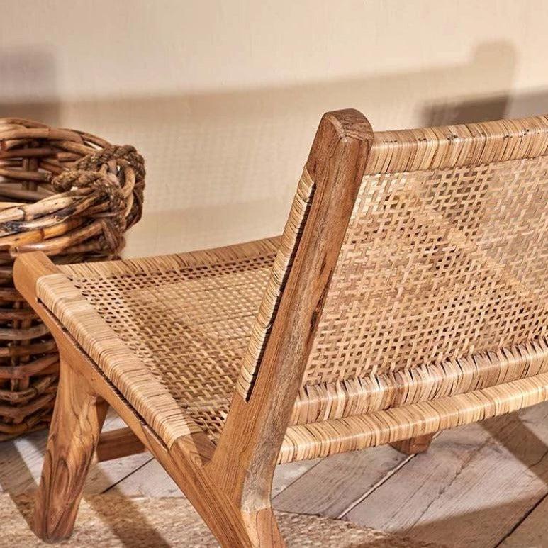 Greige Woven Rattan And Acacia Wood Low Chair