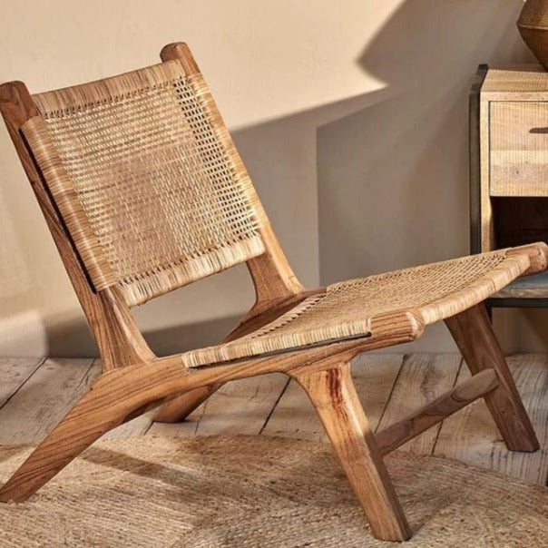 Greige Woven Rattan And Acacia Wood Low Chair