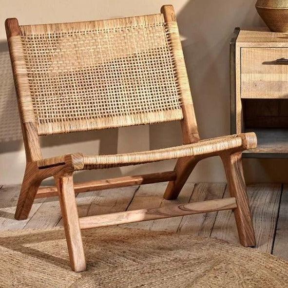 greige Woven Rattan and Acacia Wood Low Chair