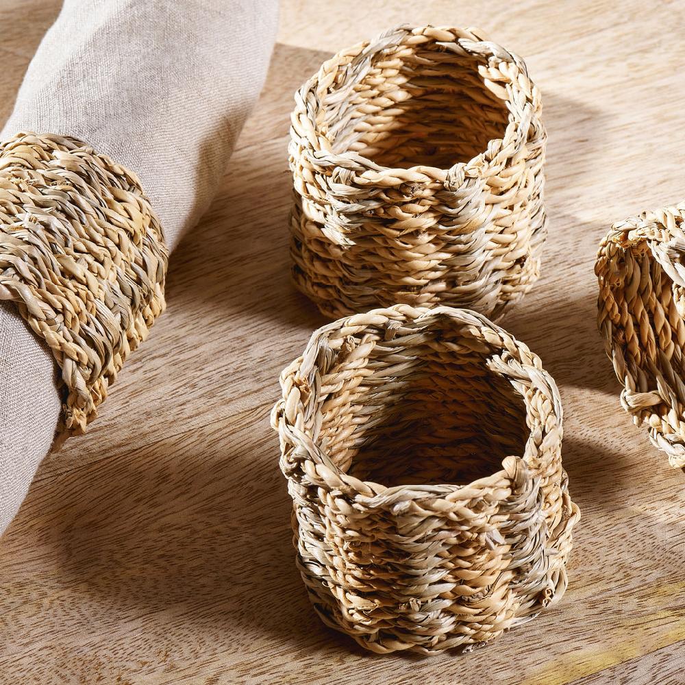 Greige Woven Seagrass Napkin Rings - Set Of Four