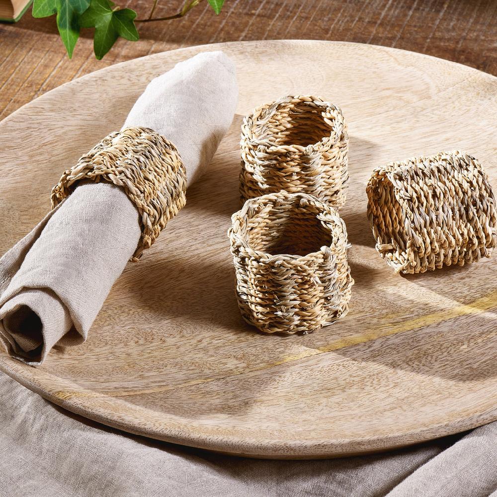greige Woven Seagrass Napkin Rings - Set of Four