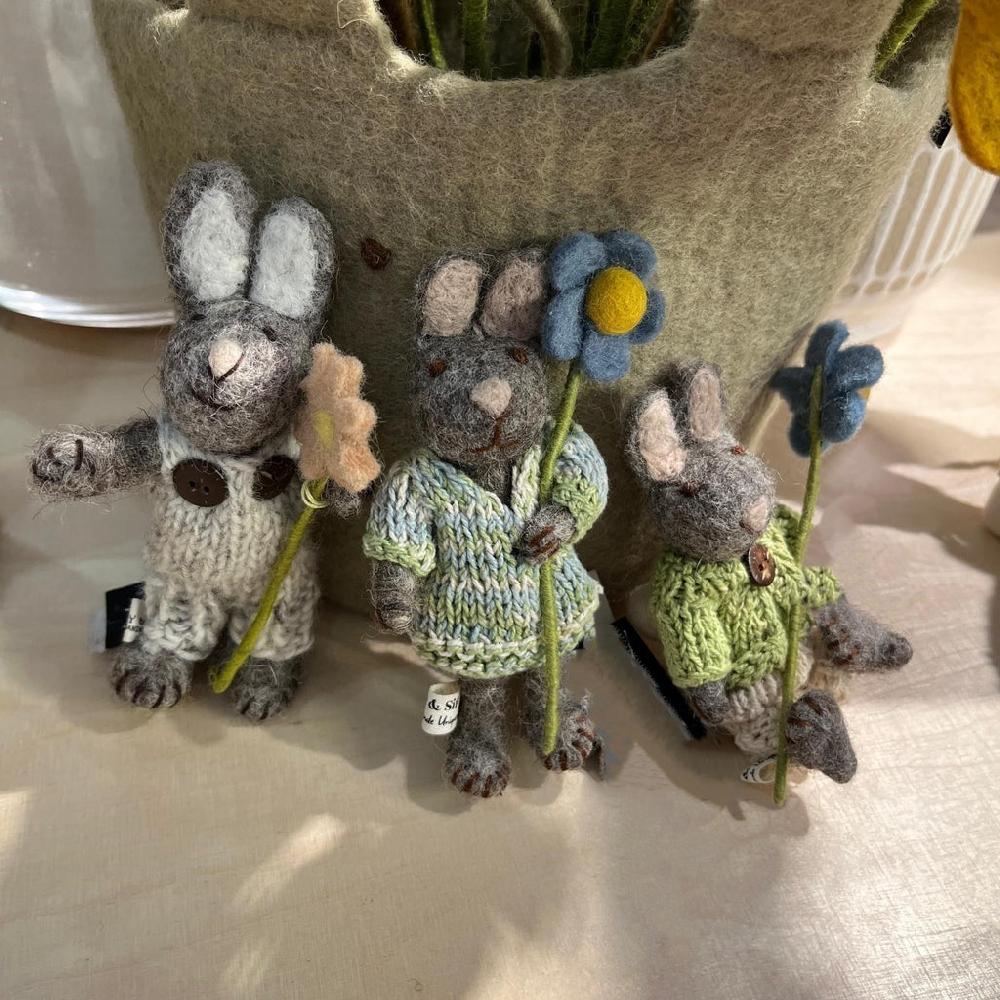 Greige Grey Felt Bunny With Knitted Dress And Blue Anemone Flower - 13cm