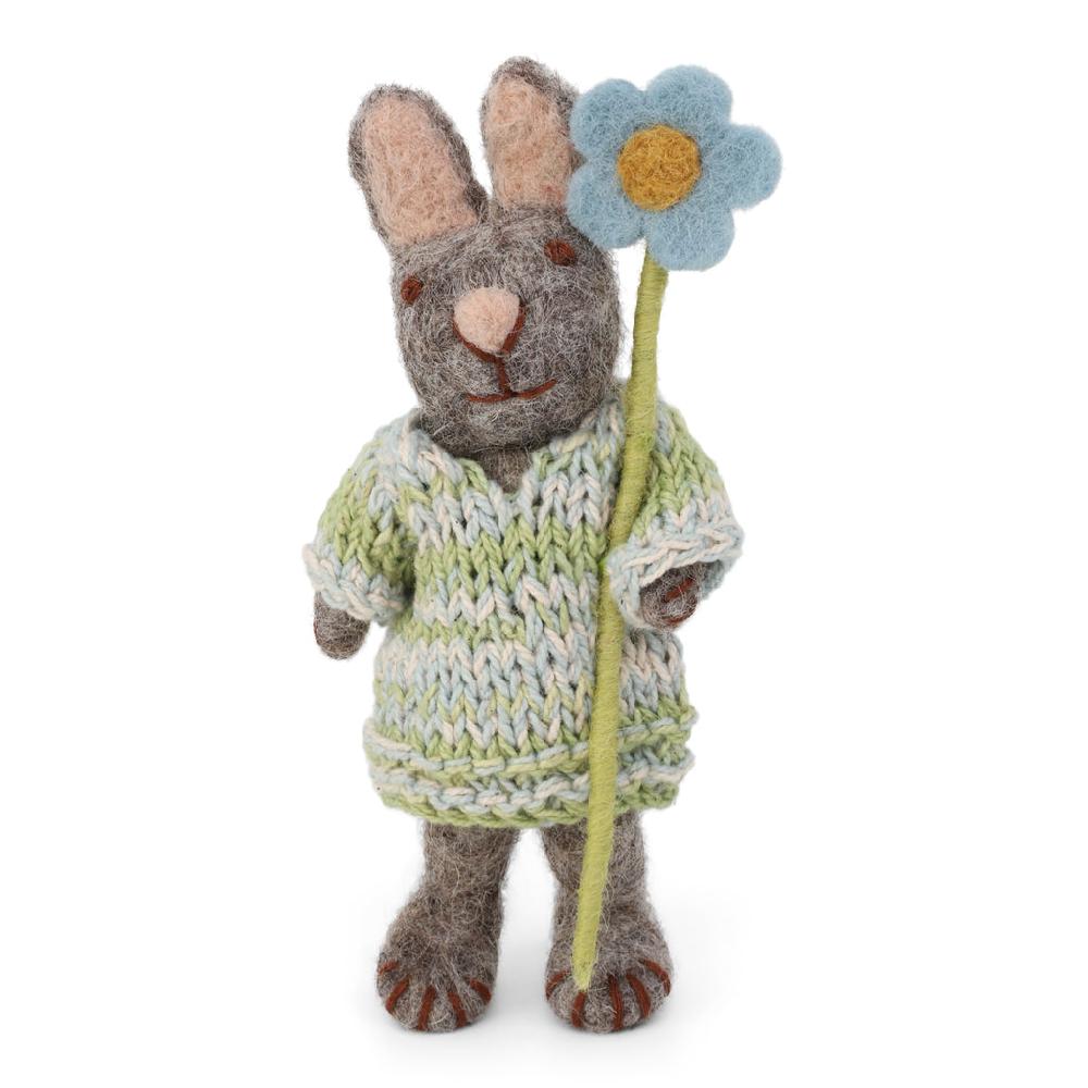 greige Grey Felt Bunny with Knitted Dress and Blue Anemone Flower - 13cm