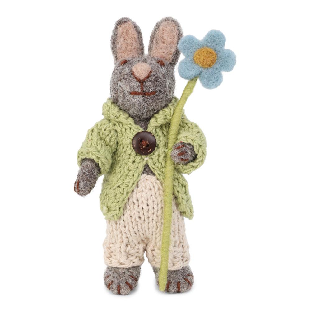 greige Grey Felt Bunny with Knitted Jacket and Pants with Blue Anemone Flower - 13cm