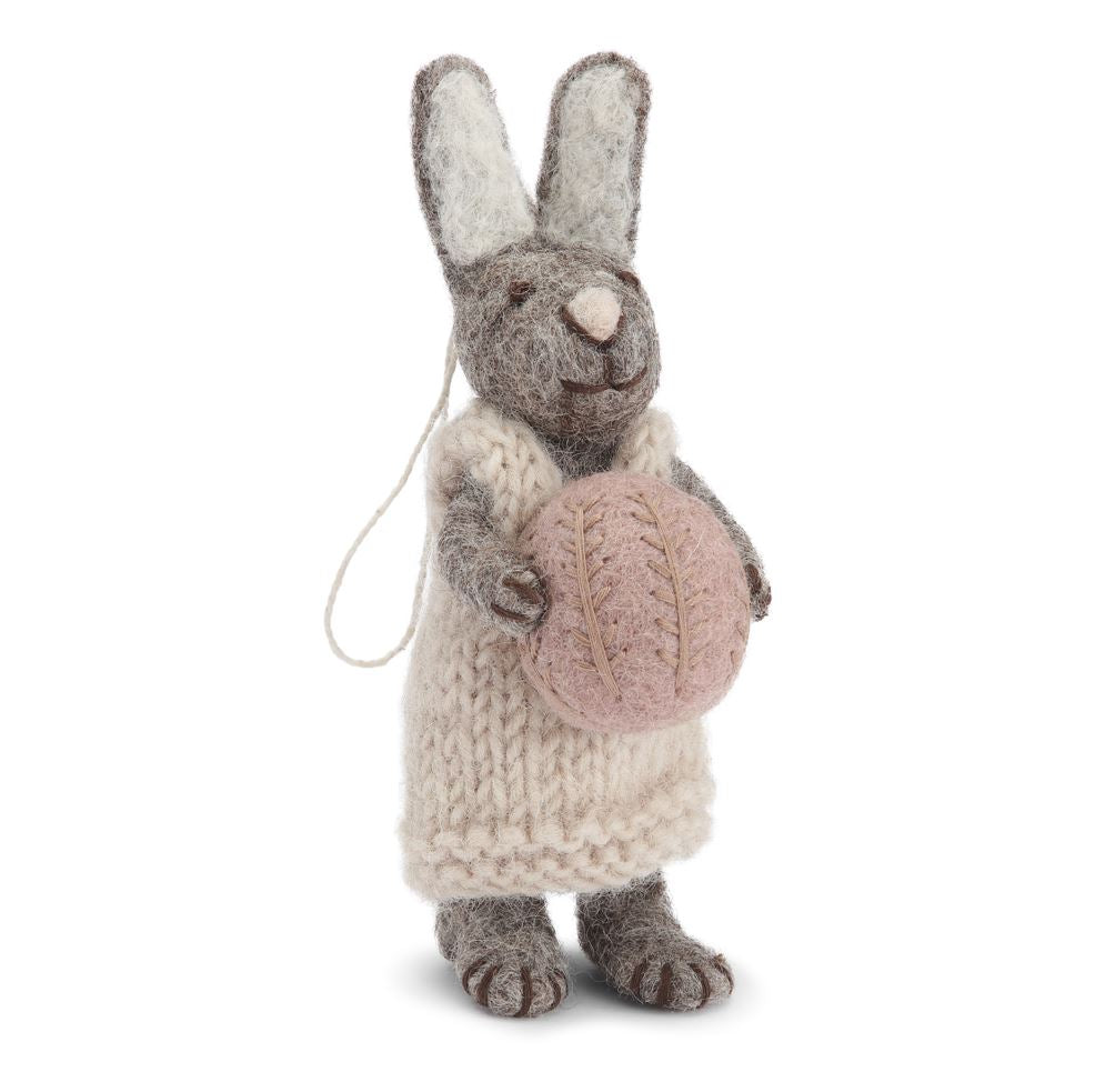 greige Grey Felt Bunny with Light Grey Dress and Lavender Egg - 14cm