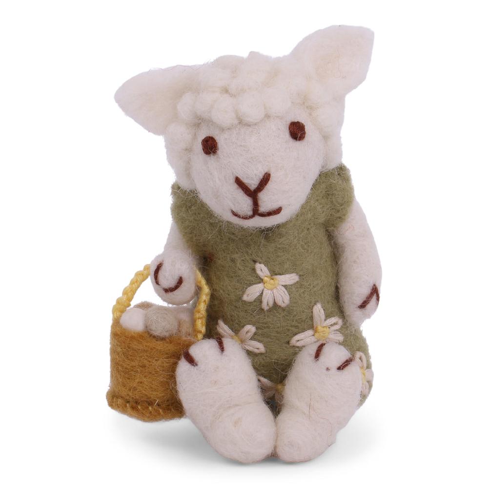 Greige Grey Felt Sheep With Green Knitted Dress And Egg Basket - 11cm