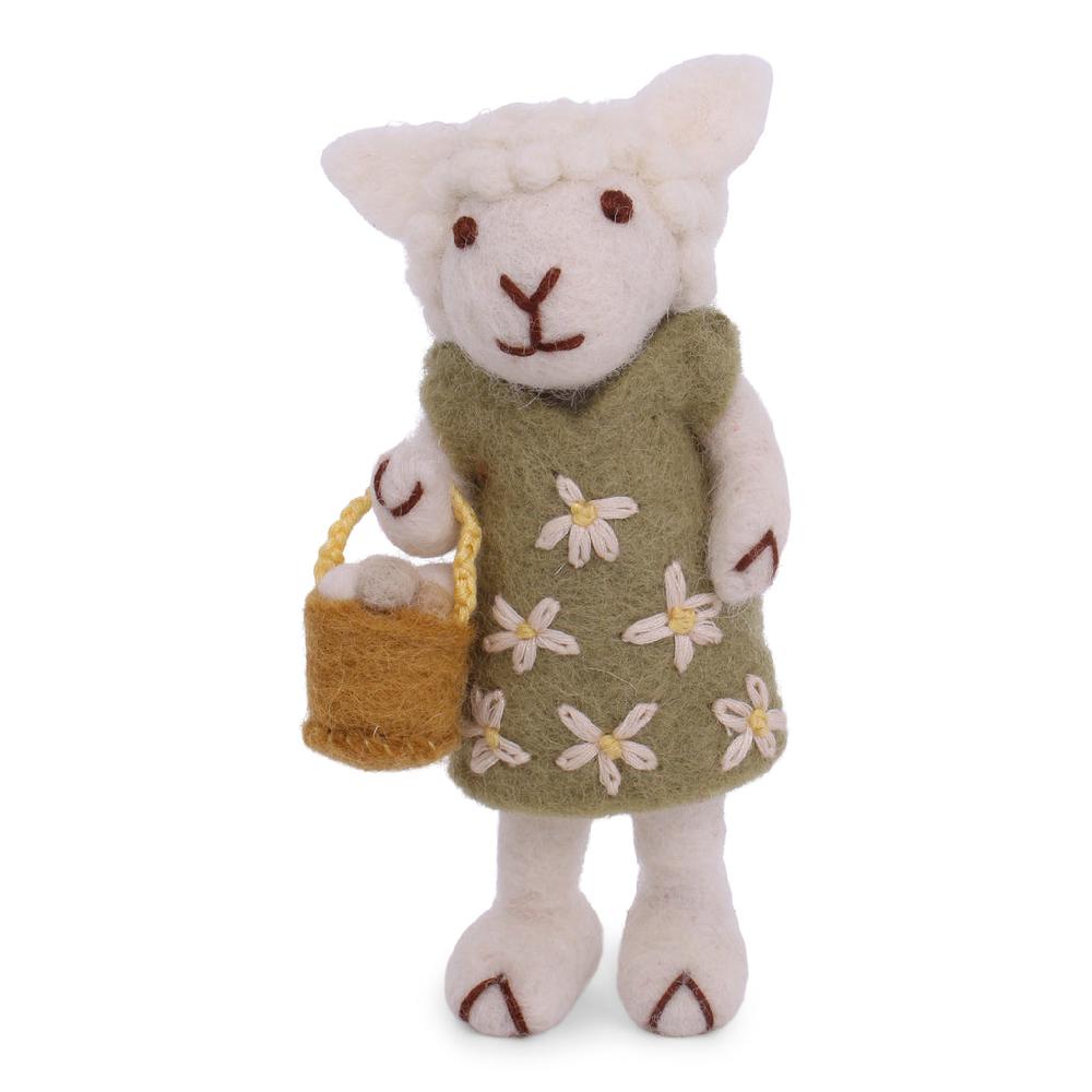 greige Grey Felt Sheep with Green Knitted Dress and Egg Basket - 11cm