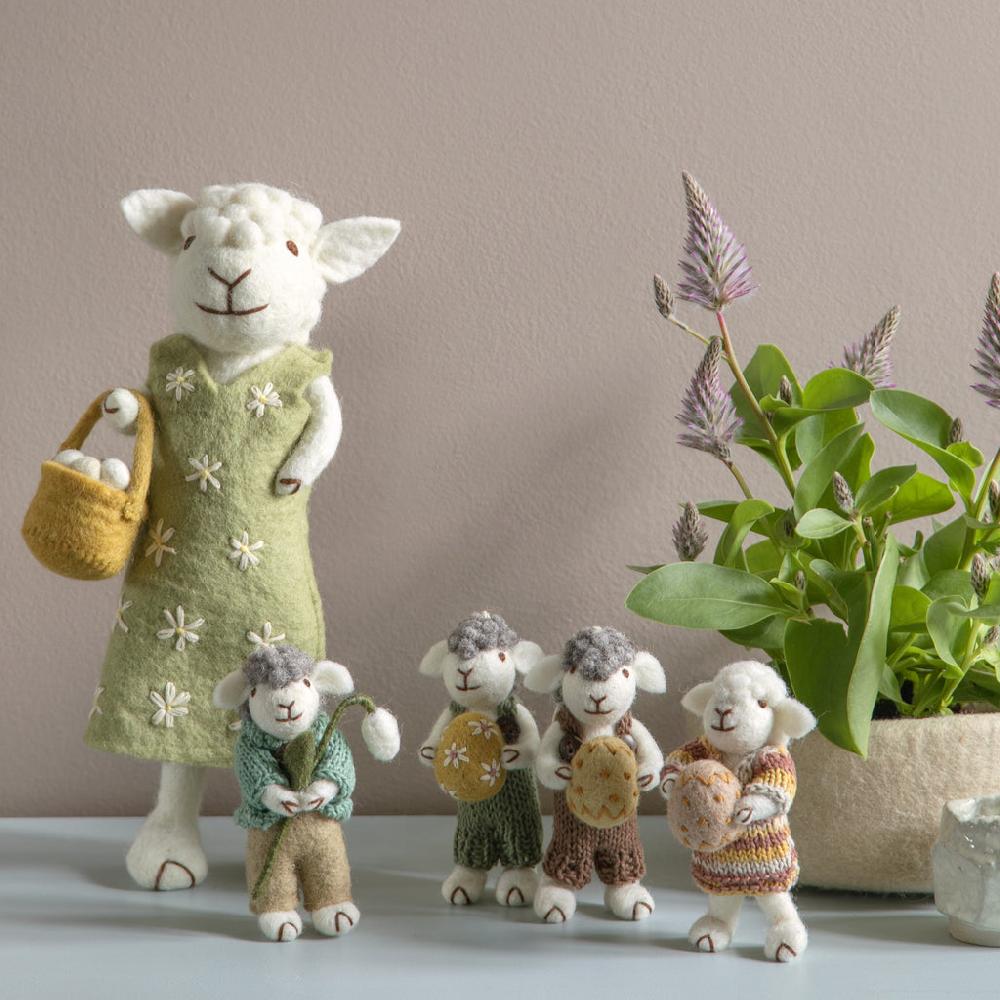 Greige Grey Felt Sheep With Green Knitted Jacket And Snowdrop - 11cm
