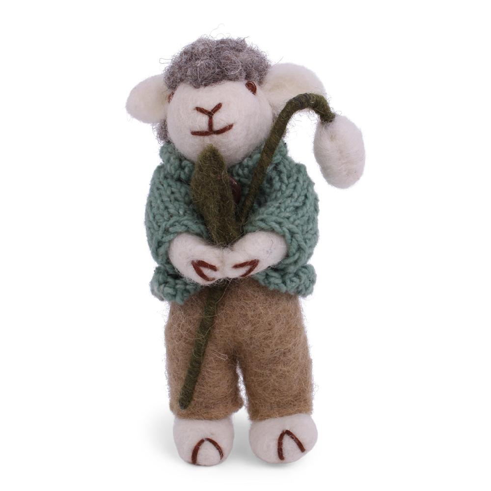 greige Grey Felt Sheep with Green Knitted Jacket and Snowdrop - 11cm