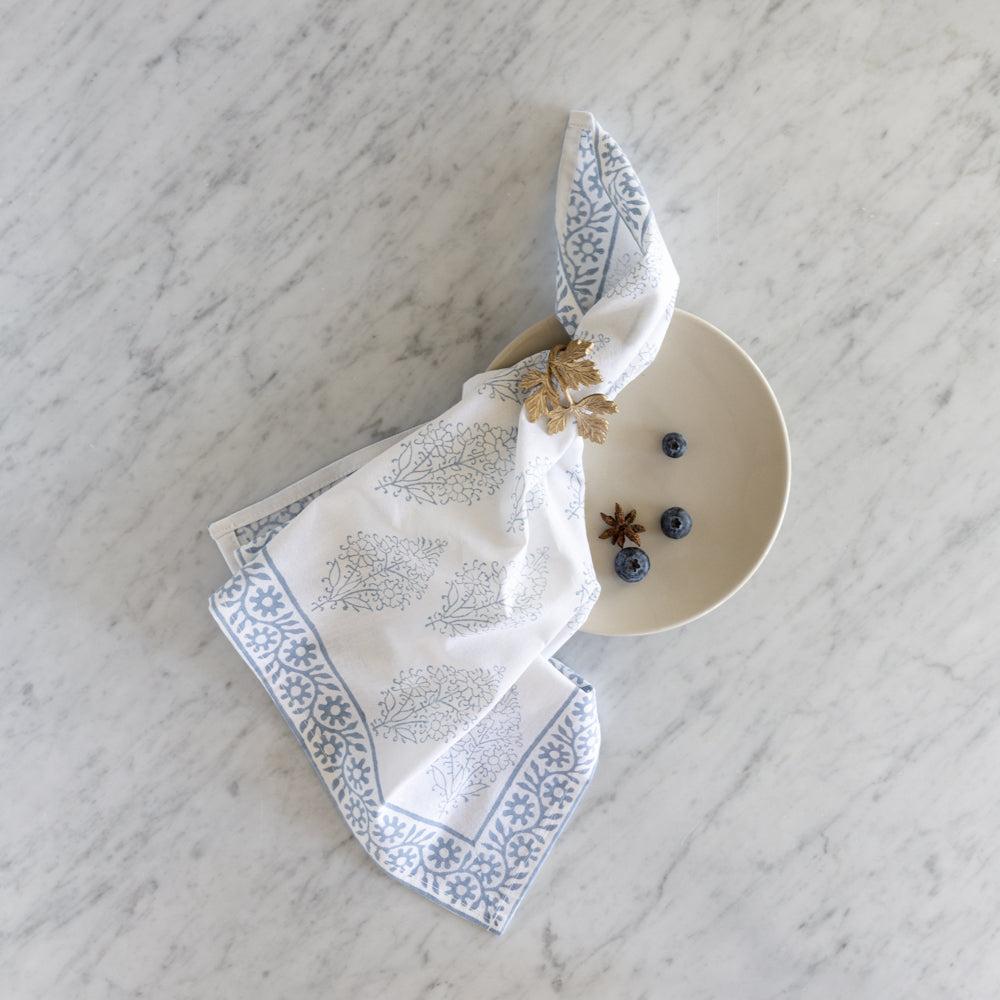 Greige Hand Block Printed Cotton Napkins - Set Of Four - Light Blue