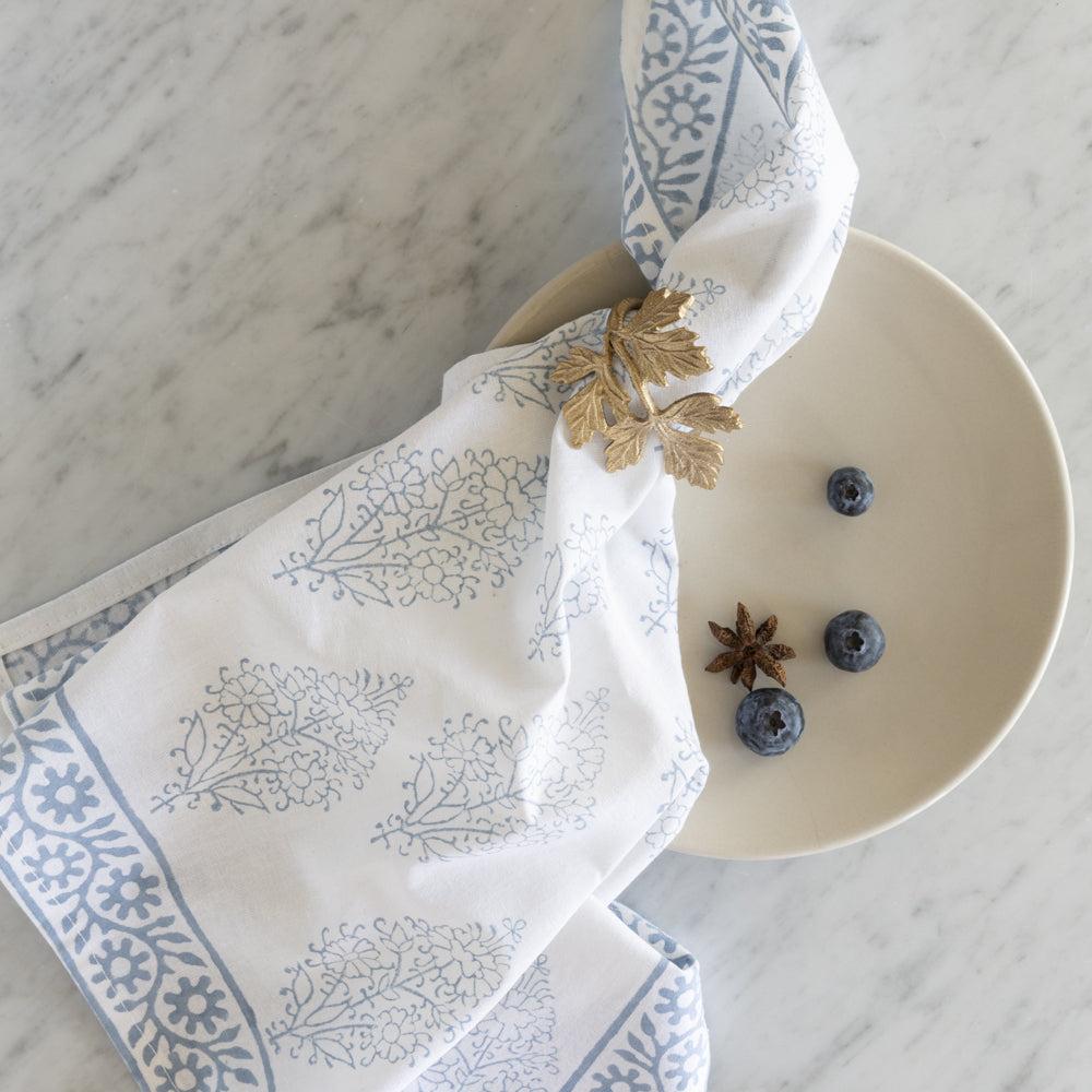 greige Hand Block Printed Cotton Napkins - Set of Four - Light Blue