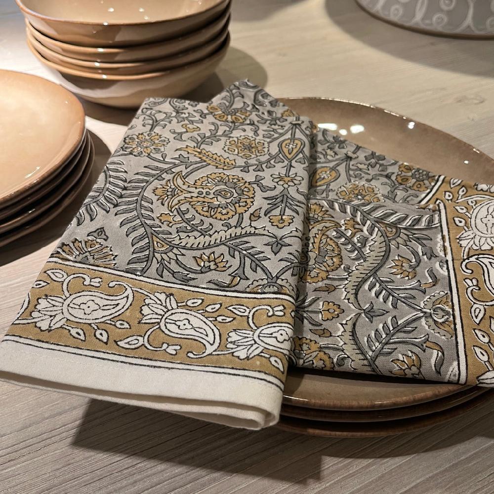 Greige Hand Block Printed Cotton Napkins - Set Of Four - Neutral Tones