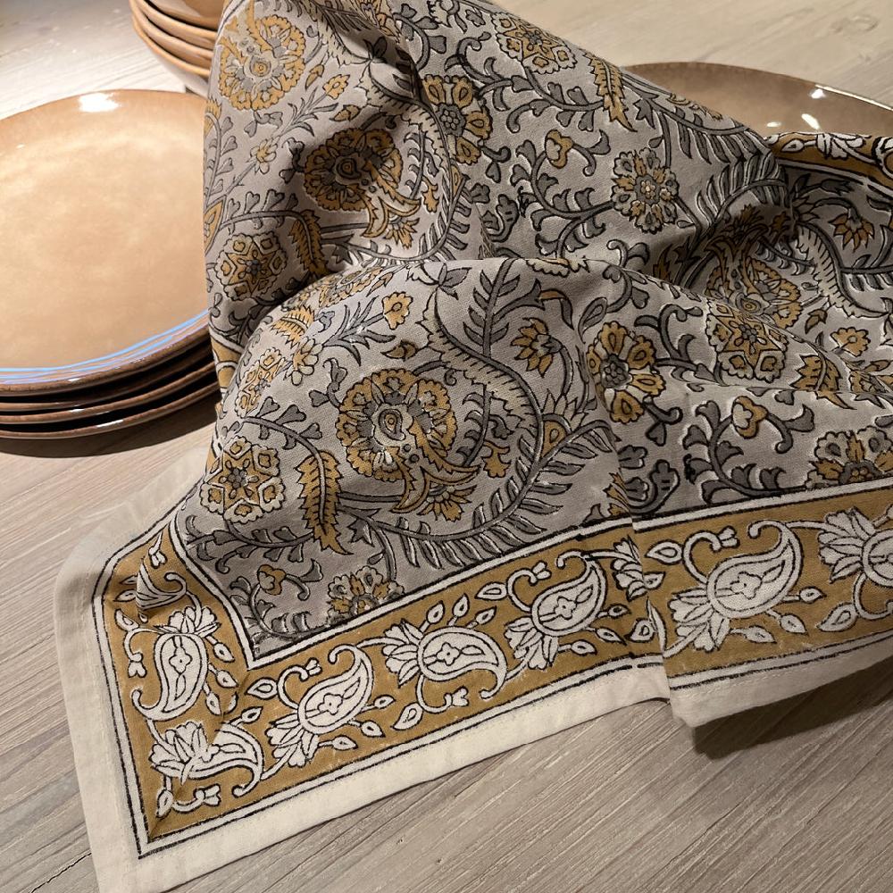 greige Hand Block Printed Cotton Napkins - Set of Four - Neutral Tones