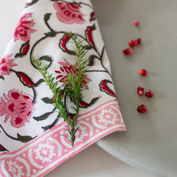 Greige Hand Block Printed Cotton Napkins - Set Of Four - Pink-Raspberry
