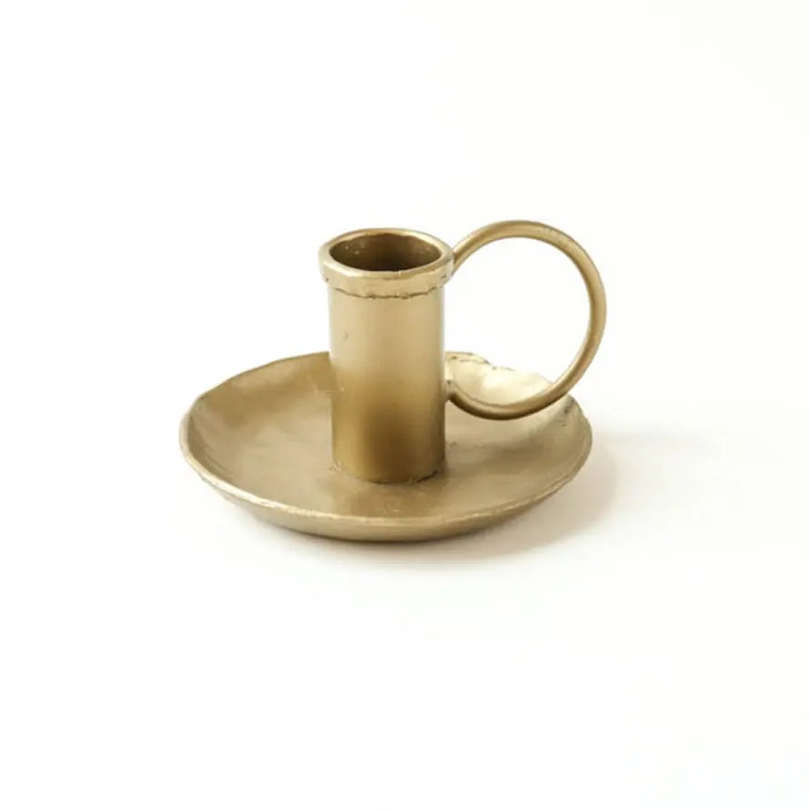 Greige Hand Forged Iron Chamberstick Candle Holder - Brass Finish