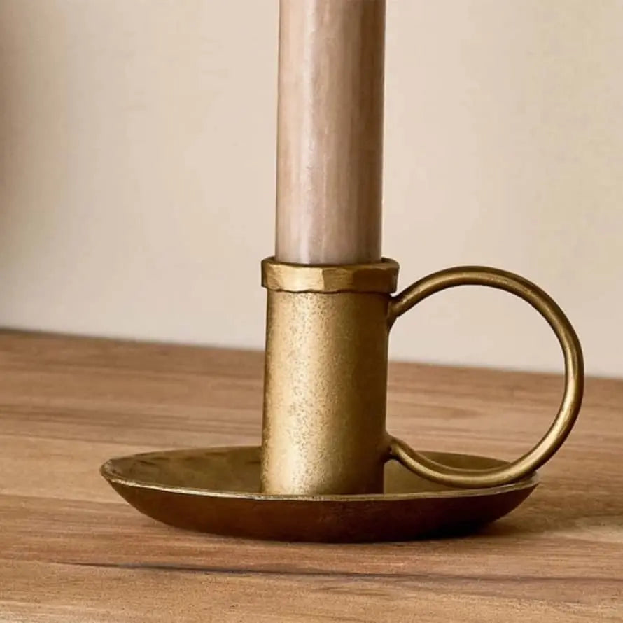 greige Hand Forged Iron Chamberstick Candle Holder - Brass Finish