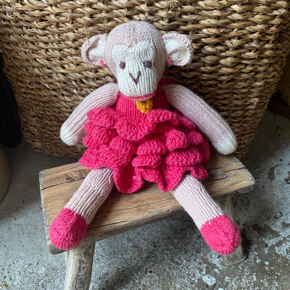 greige Hand-Knitted Monkey in Flamenco Dress - Organic Cotton