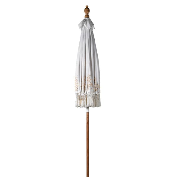 Greige Hand-Painted Balinese White Parasol With Fringe And Tassels