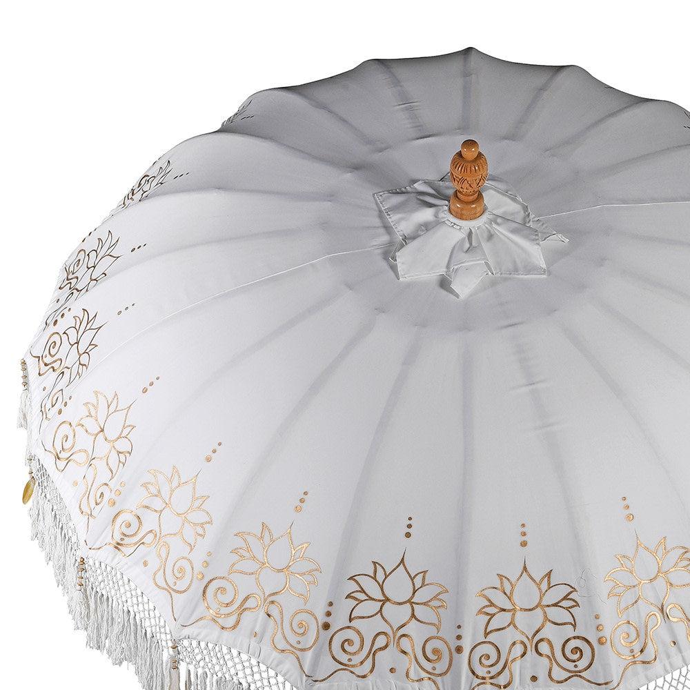 Greige Hand-Painted Balinese White Parasol With Fringe And Tassels