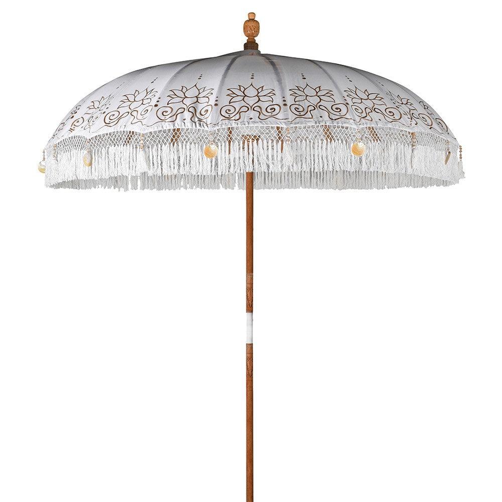 greige Hand-Painted Balinese White Parasol with Fringe and Tassels