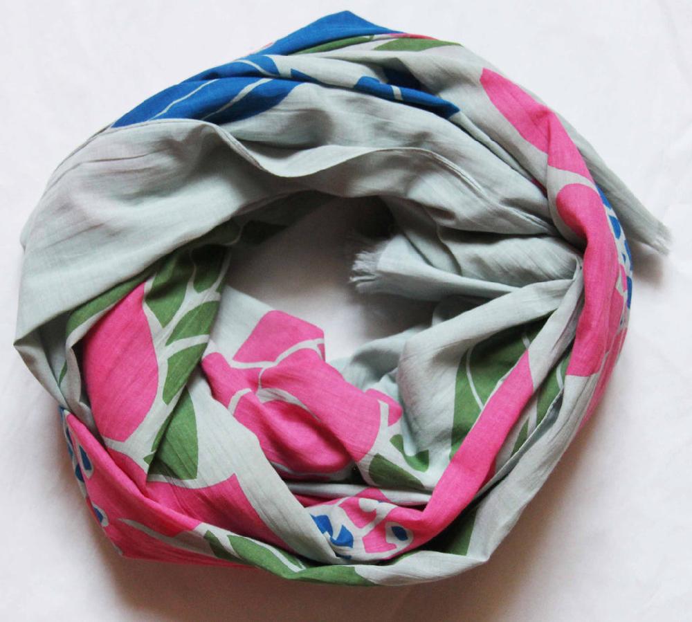 Greige Hand-Printed Large Organic Cotton Rectangular Scarf - Poppy Pastel