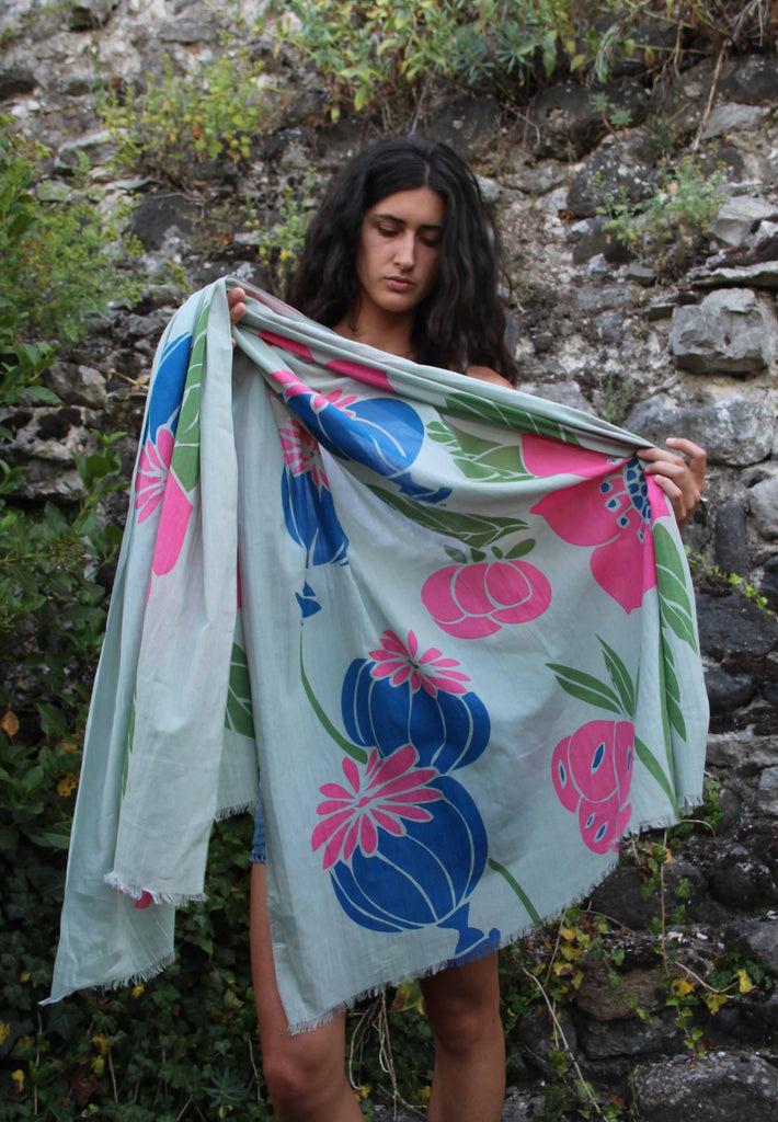 Greige Hand-Printed Large Organic Cotton Rectangular Scarf - Poppy Pastel