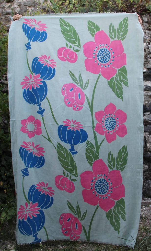 greige Hand-Printed Large Organic Cotton Rectangular Scarf - Poppy Pastel