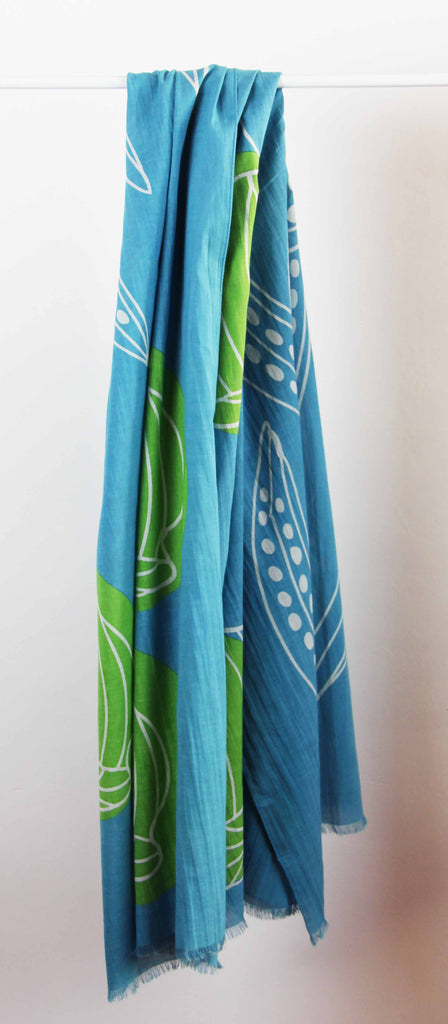 Greige Hand-Printed Large Organic Cotton Rectangular Scarf - Mekong Blue