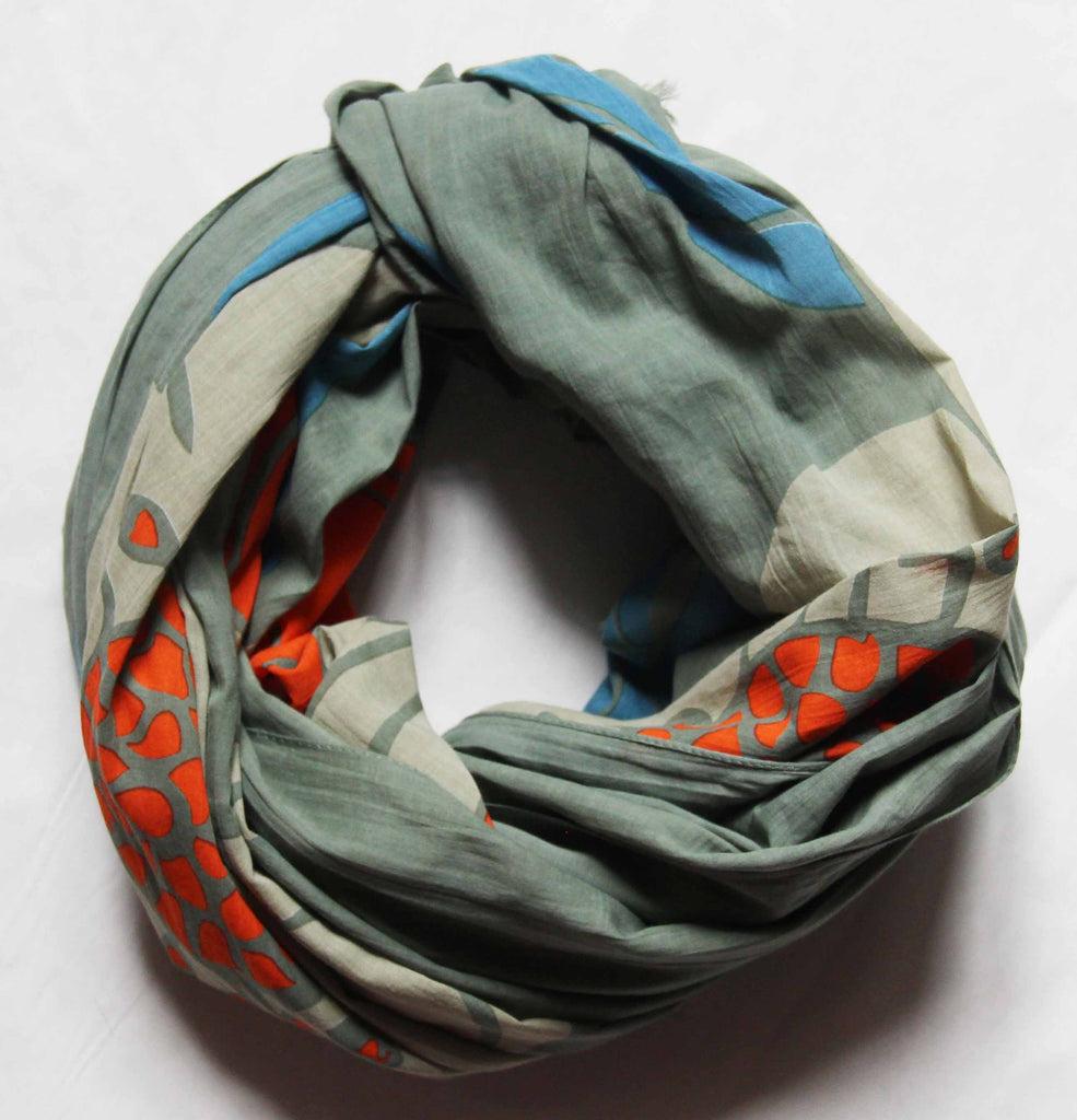 Greige Hand-Printed Large Organic Cotton Rectangular Scarf - Poppy Khaki